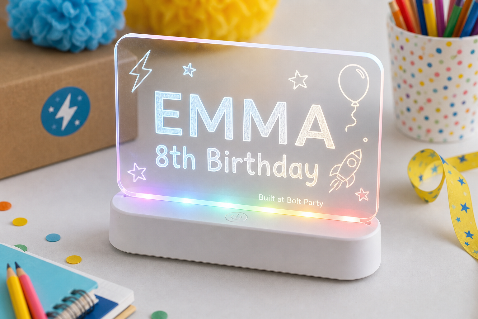 Concept image of a personalized LED acrylic birthday sign for Emma's 8th Birthday